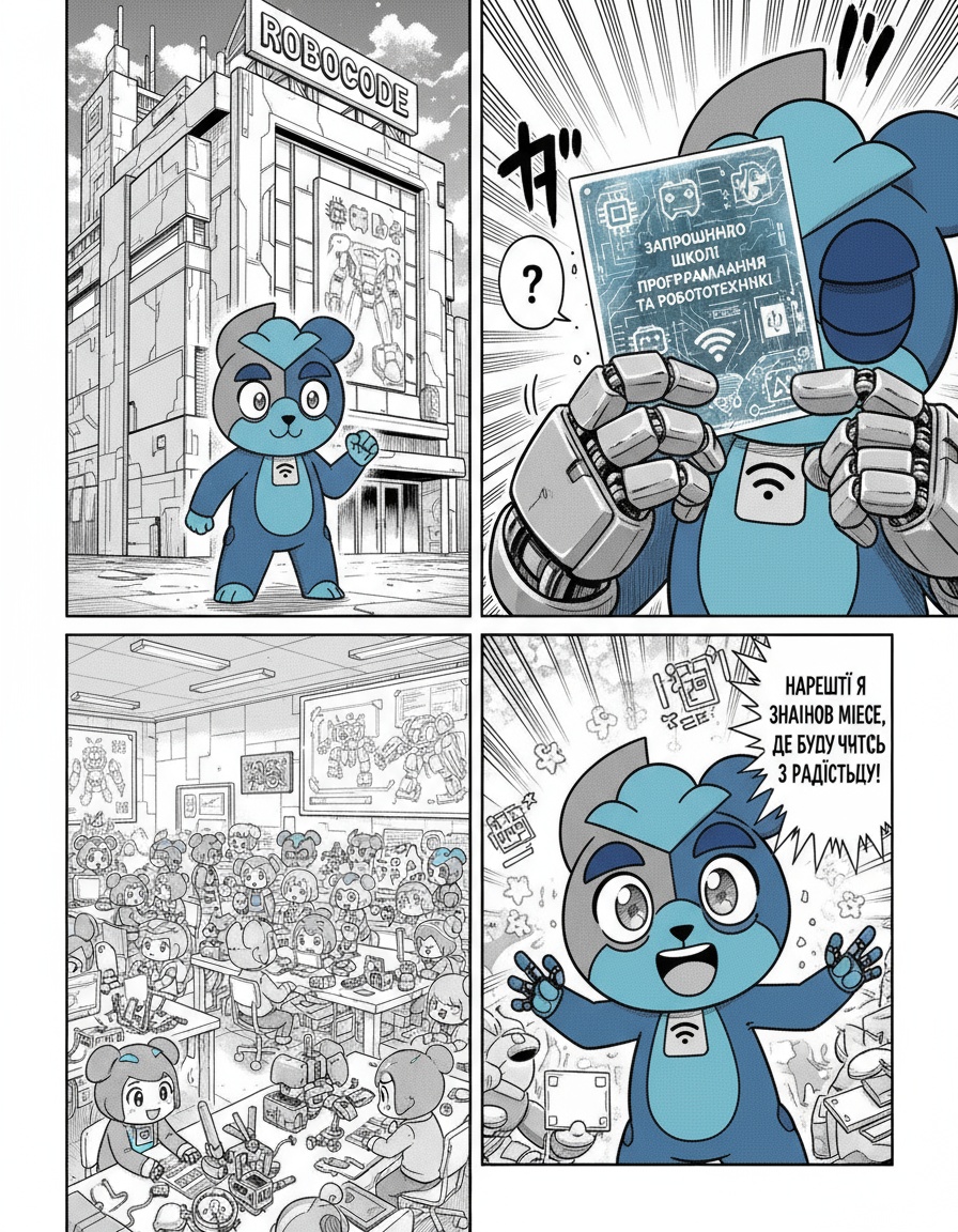 Персонаж з картинки підходить до будинку з написом "robocode", він хвилюється і дивиться на запрошення в руках до ціїє школи програмування та робототехніки. Зайшовши в школу, він бачить багато щасливих дітей, які програмують і роблять роботів. Персонаж радісно каже: "Нарешті я знайшов місце, де буду вчитись з радістю!"