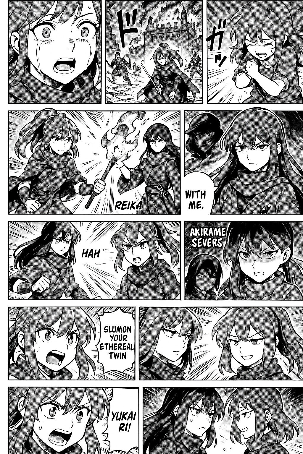 Haruto loses her mother in a brutal siege and is rescued by Reika, a stoic warrior who trains her in elemental harmony and twin summoning. Haruto grows under Reika’s guidance, eventually summoning her Ethereal Twin—Yukari. But Yukari is severed and given autonomy by Akirame, becoming cold and sarcastic. The emotional rift between them begins to form.