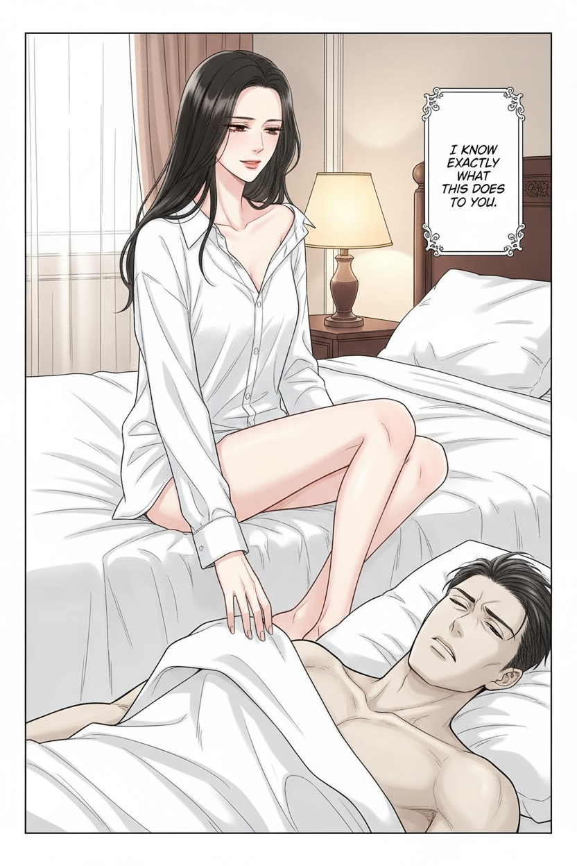 ONE SINGLE PANEL
Quiet evening hotel room before sleep.
Only a small bedside lamp remains on, casting soft amber light across the bed and sheets.
Sandrine sits sideways near the edge of the mattress in an oversized white shirt, one leg folded beneath her while the other rests loosely against the bed.
A man lies back beside her partly out of frame, breathing visibly unevenly, trying to remain composed beneath her attention.
Sandrine’s hand rests lightly and deliberately on the inside of his thigh beneath the sheets, fingers only subtly implied through the tension in the fabric.
She watches his reaction with calm concentration and the faintest knowing smile.
One bare foot brushes absentmindedly against his leg while she continues speaking softly to him.
The atmosphere feels intimate, teasing, emotionally charged, and deeply controlled without overt explicitness.
NO explicit sexuality
NO explicit anatomy
NO graphic sexual acts
ONE speech bubble only. She says:
“I know exactly what this does to you.”