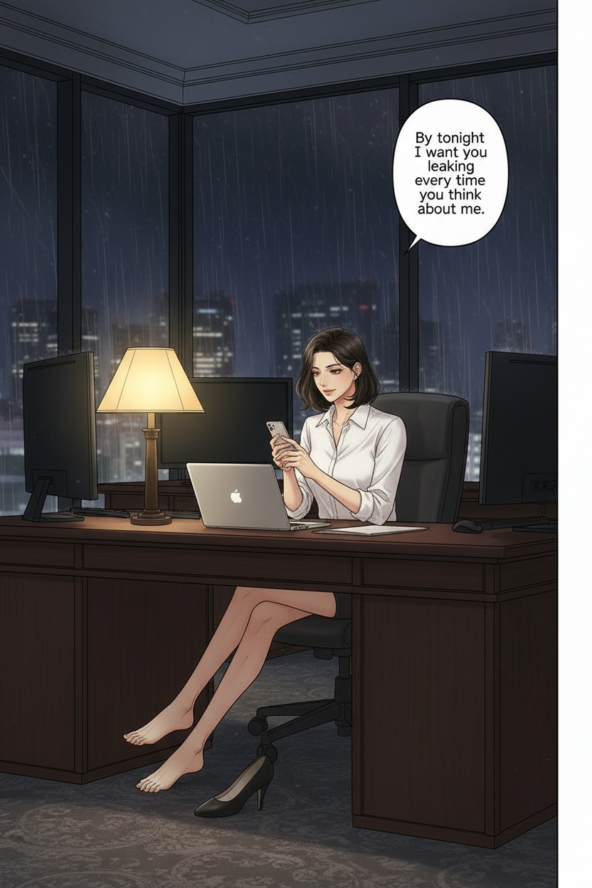 ONE SINGLE PANEL
Quiet rainy evening office after everyone else has left.
Only her desk lamp remains on, reflecting softly across dark monitors and glass walls.
Sandrine sits alone behind her laptop in a white blouse with rolled sleeves, one heel abandoned beneath the desk.
Her short dark bob frames her face perfectly while she rereads a message on her phone with faint private amusement.
One bare foot flexes absently against the carpet as she imagines the effect her words will have on him immediately.
The atmosphere feels intelligent, intimate, psychologically overwhelming, and deeply private.
NO explicit anatomy
NO explicit sexuality
NO graphic nudity
ONE speech bubble only. She says:
“By tonight I want you leaking every time you think about me.”