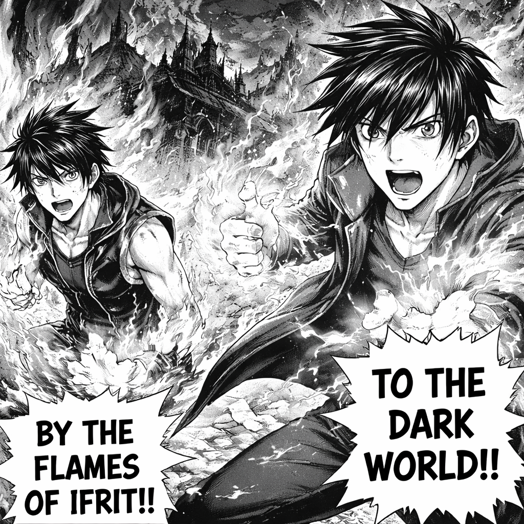 Black Verse:-A world of darkness and demons "Dark World", a palace surrounded by mountains "Ryomen palace", where demon lord of destruction had ruled.he is planning to destroy Earth.Our heroes "Namoshi" (main character) and his brother Antaro have to leave Earth to stop him.Namoshi has the power of lightning and thunder and his brother Antaro have power of fire and lava.they say some verses to get their powers and abilities.