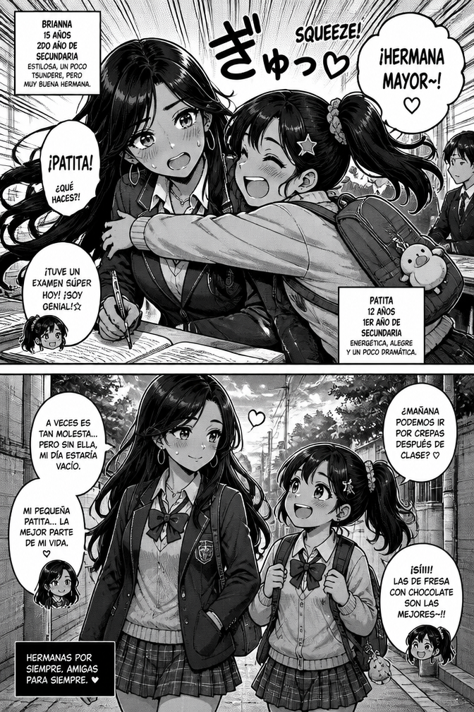 masterpiece manga illustration, japanese manga style, black and white manga tones, detailed screentones, expressive eyes, emotional storytelling, slice of life atmosphere, school comedy romance, clean manga lineart, dynamic panel composition
Brianna, a stylish 15-year-old latina high school girl with long dark hair, confident but emotionally sensitive,
Patita, a cheerful and energetic 12-year-old latina middle school girl with playful personality,
daily school life, sibling friendship, emotional moments, comedy situations, classroom scenes, walking home together, friendship and romance themes, japanese school setting, highly expressive manga reactions, cinematic manga panels, soft emotional atmosphere
professional manga page composition, authentic shoujo and slice of life manga aesthetic