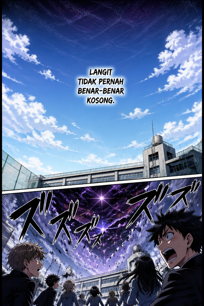 Panel 1 (Full Page Splash)
Visual:
Langit sekolah.
Langit biru normal.
Namun ada gradasi aneh di bagian atas.
Hampir tidak terlihat.
Narasi:
Langit tidak pernah benar-benar kosong.