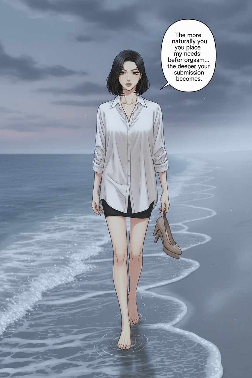 ONE SINGLE PANEL
Quiet beachfront walk at dusk.
Soft ocean mist drifts through fading blue-grey light while waves roll slowly across the sand beside her.
Sandrine walks alone barefoot along the shoreline in an oversized white linen shirt, heels dangling loosely from one hand.
Her short dark bob moves softly in the sea breeze while she studies the viewer with calm intelligence and quiet authority.
She pauses mid-step as though carefully choosing words meant to reshape the way he thinks about desire itself.
The atmosphere feels intimate, psychologically consuming, emotionally overwhelming, and deeply private.
NO explicit anatomy
NO explicit sexuality
NO graphic nudity
ONE speech bubble only. She says:
“The more naturally you place my needs before your orgasm… the deeper your submission becomes.”