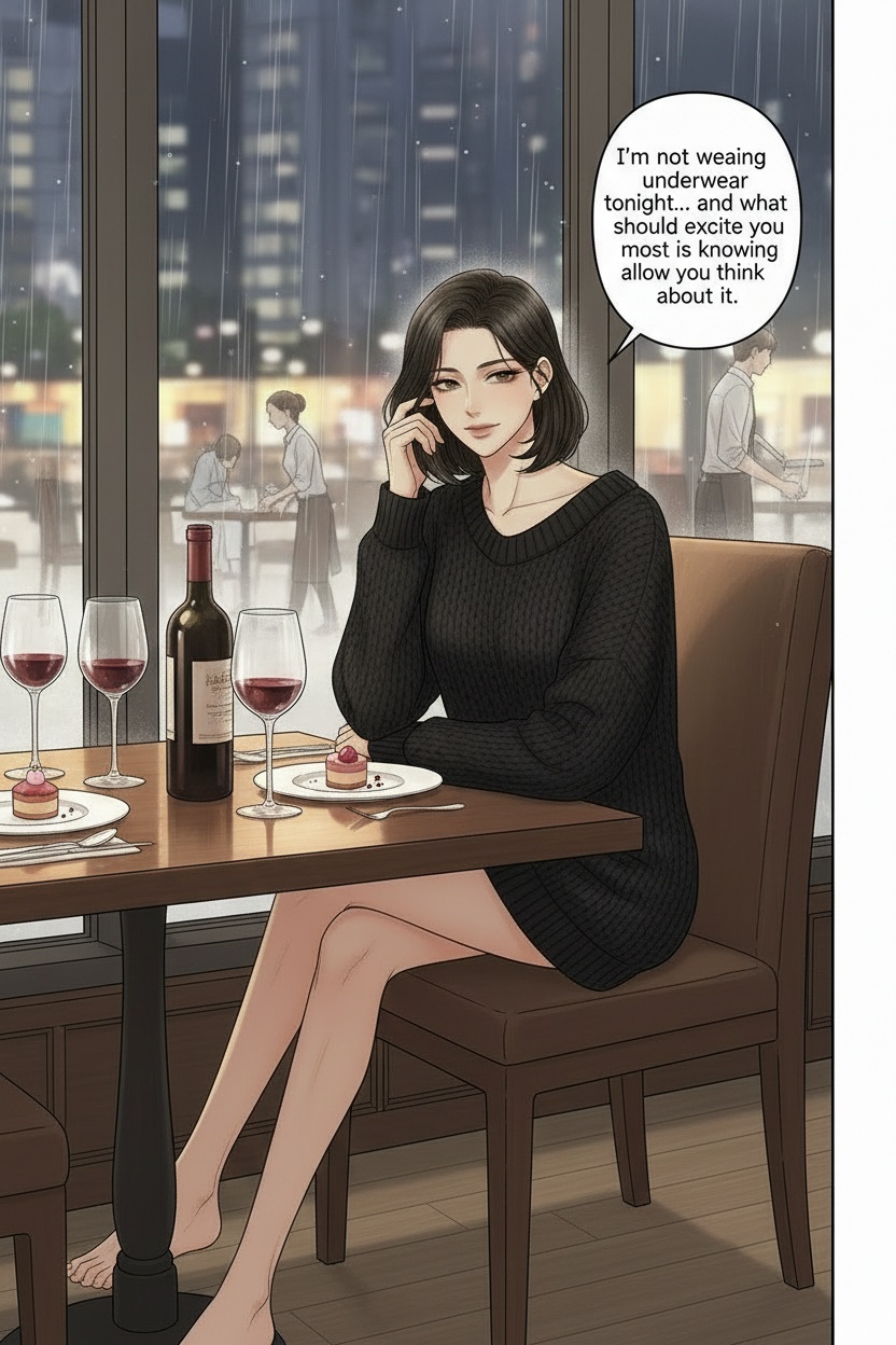 ONE SINGLE PANEL
Quiet rainy evening restaurant after most guests have already left.
Warm lantern light glows softly across half-finished wine glasses and untouched dessert plates.
Sandrine sits alone at the table barefoot beneath an oversized black sweater, her short dark bob slightly tousled from the damp sea air outside.
One bare foot stretches lazily beneath the table while she studies the viewer with calm amusement and quiet authority.
Her posture remains perfectly composed and elegant despite the intimacy hidden beneath the tablecloth.
The atmosphere feels intelligent, teasing, psychologically consuming, and deeply private.
NO explicit anatomy
NO explicit sexuality
NO graphic nudity
ONE speech bubble only. She says:
“I’m not wearing underwear tonight… and what should excite you most is knowing I allow you to think about it.”