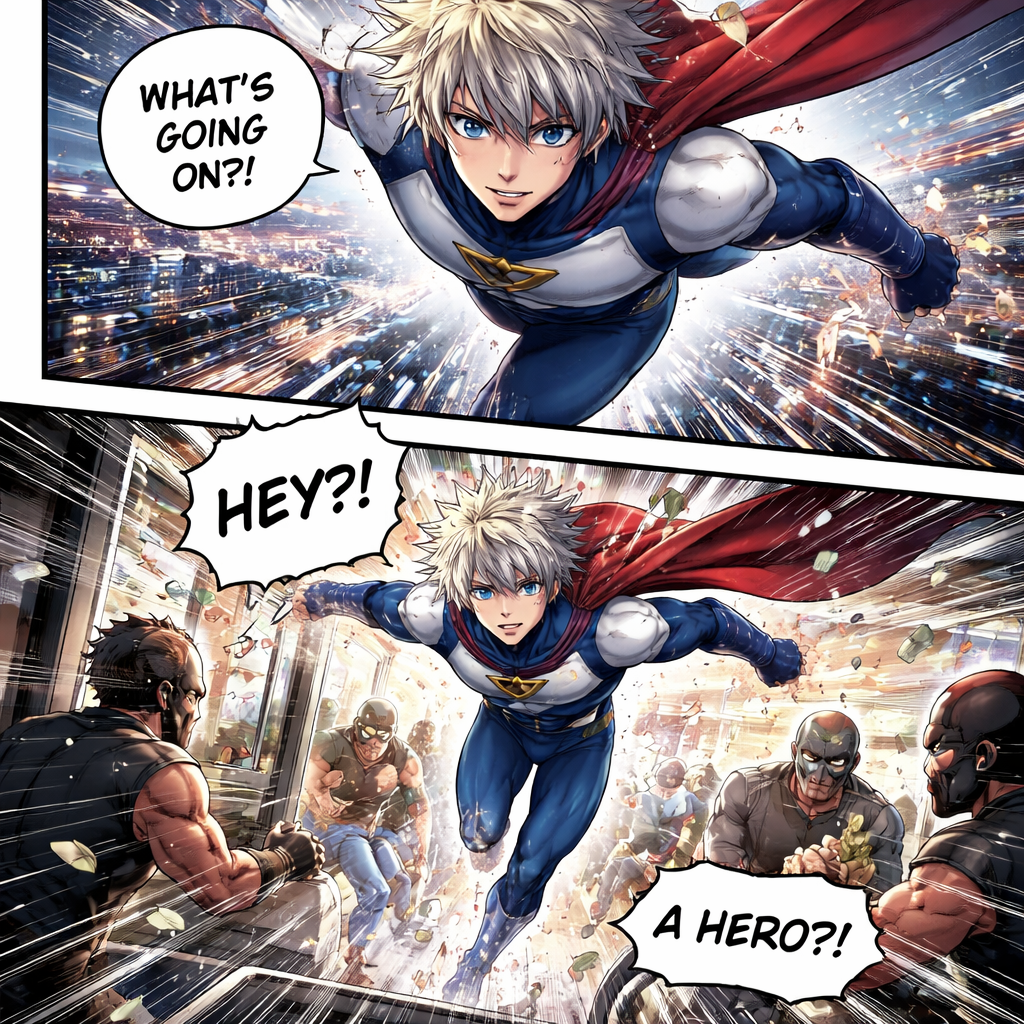 A young feminine looking male superhero with the ability to fly and super strength. The superhero is out on his Hero Patrol of the city when he comes across a group of thugs robbing a store