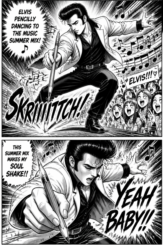 Elvis pencilly dancing to the music summer mix.