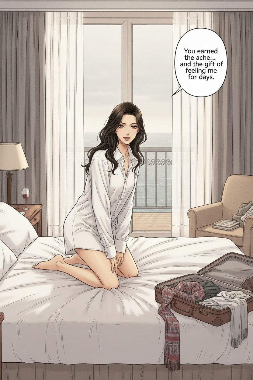 ONE SINGLE PANEL
Quiet final morning in a coastal hotel room.
Grey daylight filters softly through the curtains while an open suitcase and scattered clothes hint at imminent departure.
Sandrine kneels alone near the center of the bed in an oversized white shirt, barefoot, dark hair still slightly messy from sleep and intimacy.
One bare foot presses into the sheets as she leans forward slightly toward the viewer with calm affection and quiet authority.
Her expression carries satisfaction, tenderness, and the faintest trace of mischievous pride — fully aware of the effect the weekend has had on him physically and emotionally.
The room feels intimate, exhausted, emotionally suspended, and deeply private.
NO explicit violence
NO explicit anatomy
NO graphic sexuality
ONE speech bubble only. She says:
“You earned the ache… and the gift of feeling me for days.”