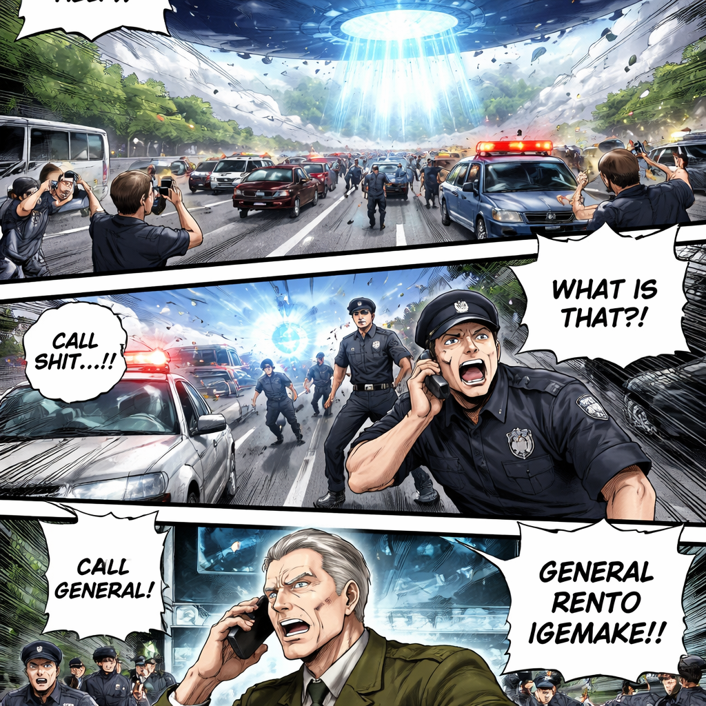 Topic: we need help
At first There are so many cars buses and bikes at the highway. Then some object was coming from sky like unknown objects. Some people came out of there cars and saw a unknown flying object in the sky and they started recording videos. And they feel suspicious things coming to them and they call the police. Some police arrived at the sense and they were scared by seeing spaceship. Spaceship was landed in highway side field. Police call to the army Generals named Rento igemake.