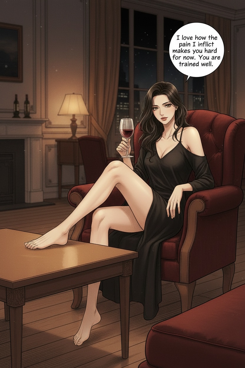 ONE SINGLE PANEL
Quiet late-night hotel lounge after midnight.
Most of the lights have already been dimmed, leaving the room washed in warm amber shadows and soft jazz.
Sandrine sits alone in a velvet armchair barefoot, elegant black dress loosened slightly after a long evening.
One leg folds beneath her while the other stretches lazily toward the foreground, her bare foot resting against the edge of a low table.
A half-finished glass of red wine turns slowly between her fingers.
She looks toward the viewer with calm fascination, affectionate amusement, and quiet pride — fully aware of the psychological effect she has conditioned into him over time.
The atmosphere feels intimate, psychologically consuming, intelligent, and deeply private.
NO explicit violence
NO explicit anatomy
NO graphic sexuality
ONE speech bubble only. She says:
“I love how the pain I inflict makes you hard for me now. You are trained well.”