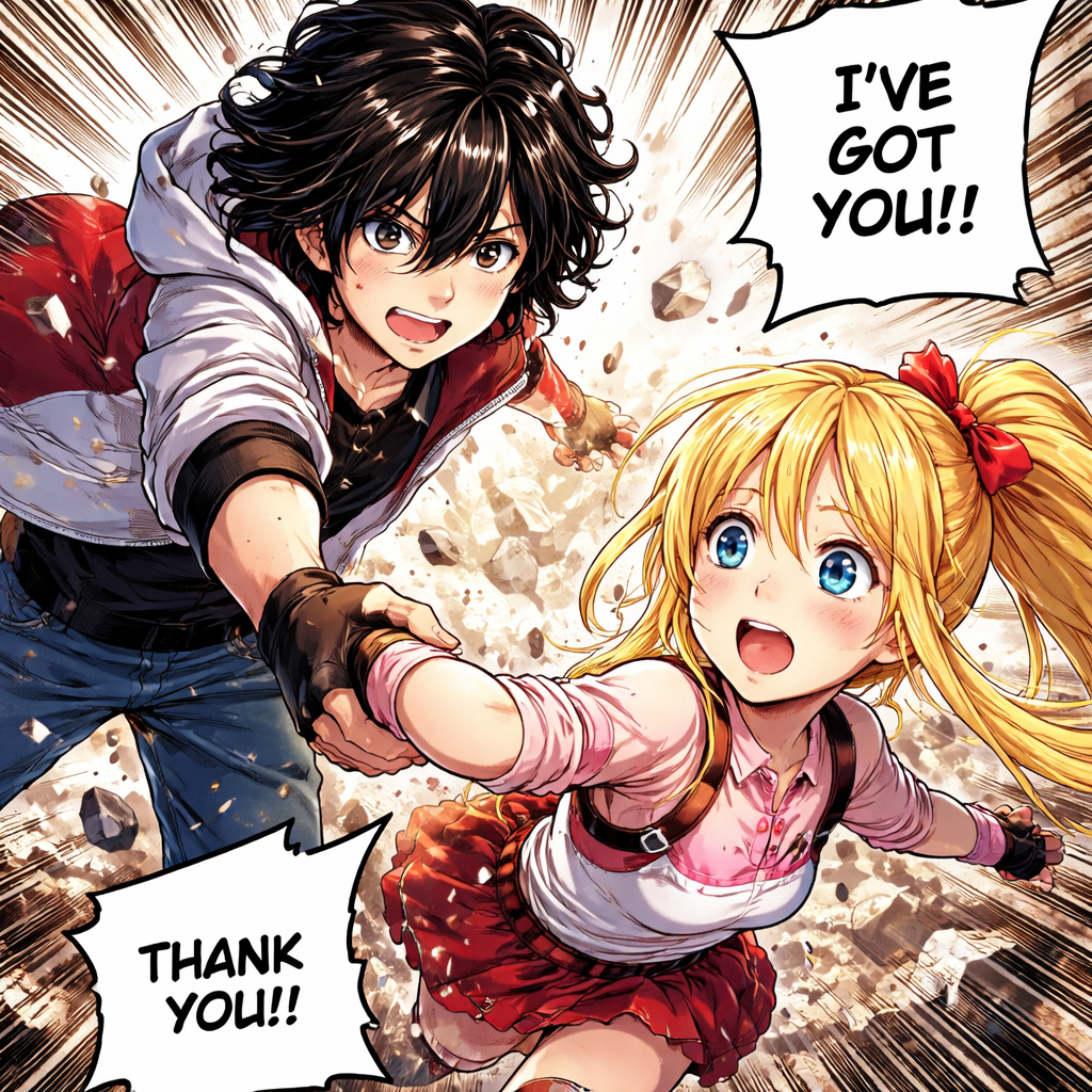 A kind and sweet boy with long black curly hair is helping his friend a energetic and sweet girl with a outfit the girl has long blonde hair in a ponytail