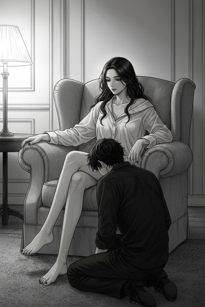 seinen manga style, black and white, soft grayscale shading, cinematic lighting
ONE SINGLE PANEL ONLY
quiet intimate interior, late evening atmosphere, soft lamp light
a composed elegant woman sitting relaxed in a large chair or sofa, legs parted.
she wears an oversized shirt slipping slightly off one shoulder, barefoot, relaxed posture
between her legs, mostly hidden from view, the silhouette of a man kneeling low in front of her
his face is not visible, only the position of his shoulders and posture imply intimate devotion
the woman leans back slightly with one hand resting calmly on the armrest, the other lightly touching the man’s hair or shoulder
her facial expression composed, absorbed, quietly affected, eyes half closed
focus on emotional intimacy, trust, surrender, and psychological tension
cinematic composition, elegant shadows, tasteful manga realism