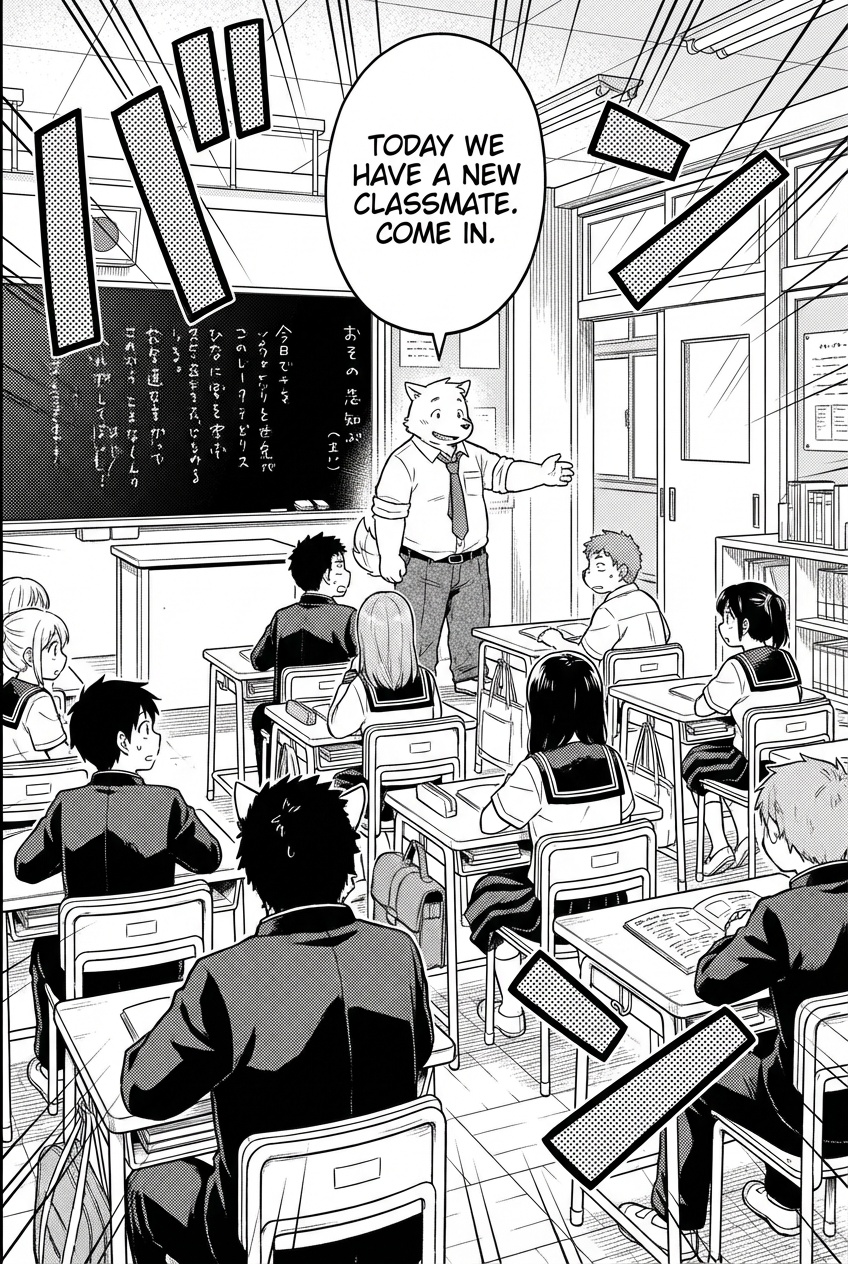 Inside classroom, teacher at front
- Medium-wide view of the classroom from the back.
- Teacher stands at the front next to the blackboard, one hand gesturing toward Buchi.
- Students are seated, some glancing curiously.
- Teacher speech bubble: “Today we have a new classmate. Come in.”