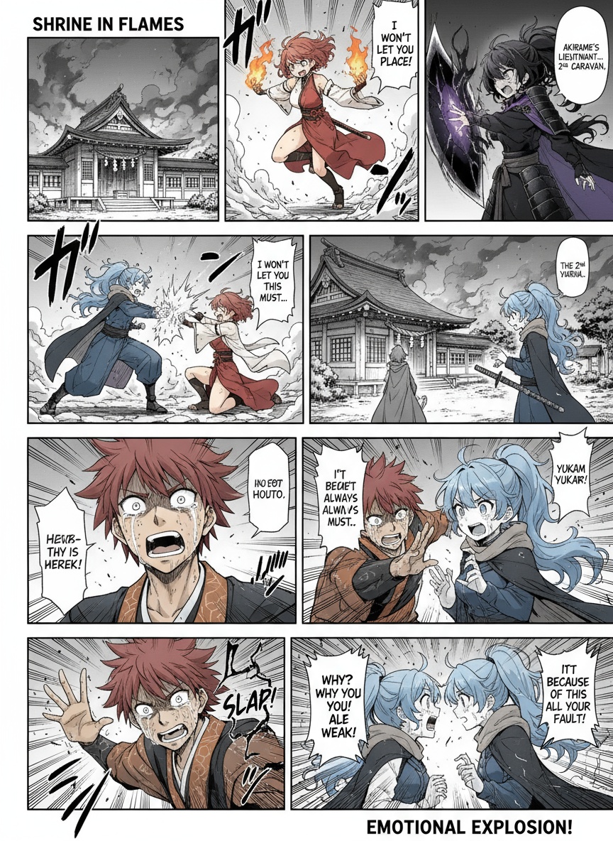 Shrine in Flames
The shrine is attacked by a mysterious woman—Akirame’s lieutenant, later revealed as the 2nd Caravan. Reika fights valiantly but is mortally wounded. Her final words urge Haruto and Yukari to unite. Haruto slaps Yukari in grief, and the emotional tension between them explodes.