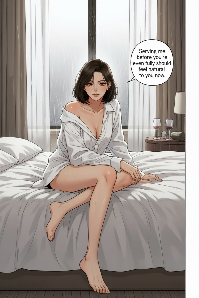 ONE SINGLE PANEL
Quiet rainy morning hotel room.
Soft grey daylight reflects across rumpled sheets and abandoned wine glasses from the night before.
Sandrine lies alone on her stomach near the center of the bed in an oversized white shirt, obviously barefoot beneath the blankets.
Her short dark bob falls loosely across one cheek while she looks directly toward the viewer with sleepy affection and quiet authority.
One bare foot slowly emerges from beneath the sheets near the edge of the mattress.
The atmosphere feels ritualistic, intimate, emotionally consuming, and deeply private.
NO explicit anatomy
NO explicit sexuality
NO graphic nudity
ONE speech bubble only. She says:
“Serving me before you’re even fully awake should feel natural to you now.”