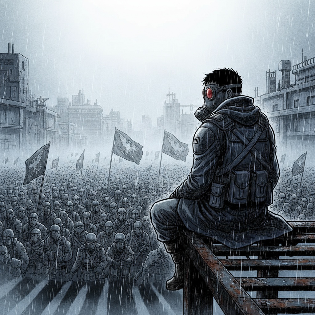 A young man name Ousugi Sakae looks out over a crowd of fascists (generic Imperial Eagle  imagery) High, distant wide shot: protagonist small; world/crowd huge. Power imbalance. Telephoto compression Backlit silhouettes / blown-out sky Long, hard shadows at ground level: predators’ viewpoint. “Manga page with a grounded, paramilitary neo-noir style: realistic anatomy, weighty tactical gear (steel plates, cloth straps, gas masks, red-lensed goggles), late-1950s/’60s industrial city backdrop—concrete, rebar, rusted rail lines—night rain and fog, low-key lighting, desaturated blues/grays, cinematic 35mm framing, hard shadows, subtle film grain, crisp fine linework, dense hatching, high-contrast screentones, reserved facial expressions, somber atmosphere. Original characters only.”