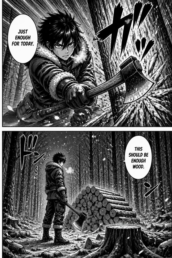 PAGE 1–3
Kaito: “Just enough for today.”
Kaito: “This should be enough wood.”
Silent forest. No wind. No life.
Only axe hits and breath.
Snow hangs still in the air.