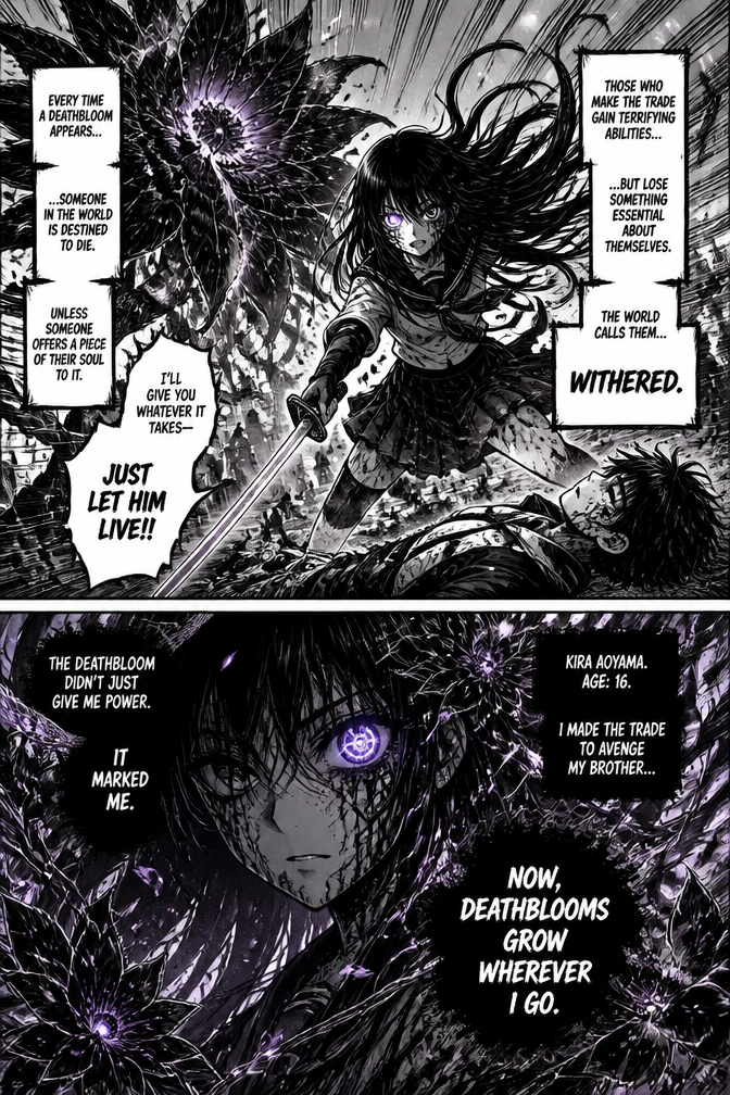 GENRE
Dark fantasy • supernatural • action • psychological • mystery
CORE PREMISE
Every time a Deathbloom appears, someone in the world is destined to die — unless another person willingly offers a piece of their soul to the flower.
Those who make the trade gain terrifying abilities… but lose something essential about themselves.
The world calls these people Withered.
The story follows Kira Aoyama, a 16‑year‑old girl who made the trade to avenge her brother — but the Deathbloom didn’t just give her power.
It marked her.
Now, Deathblooms grow wherever she goes.