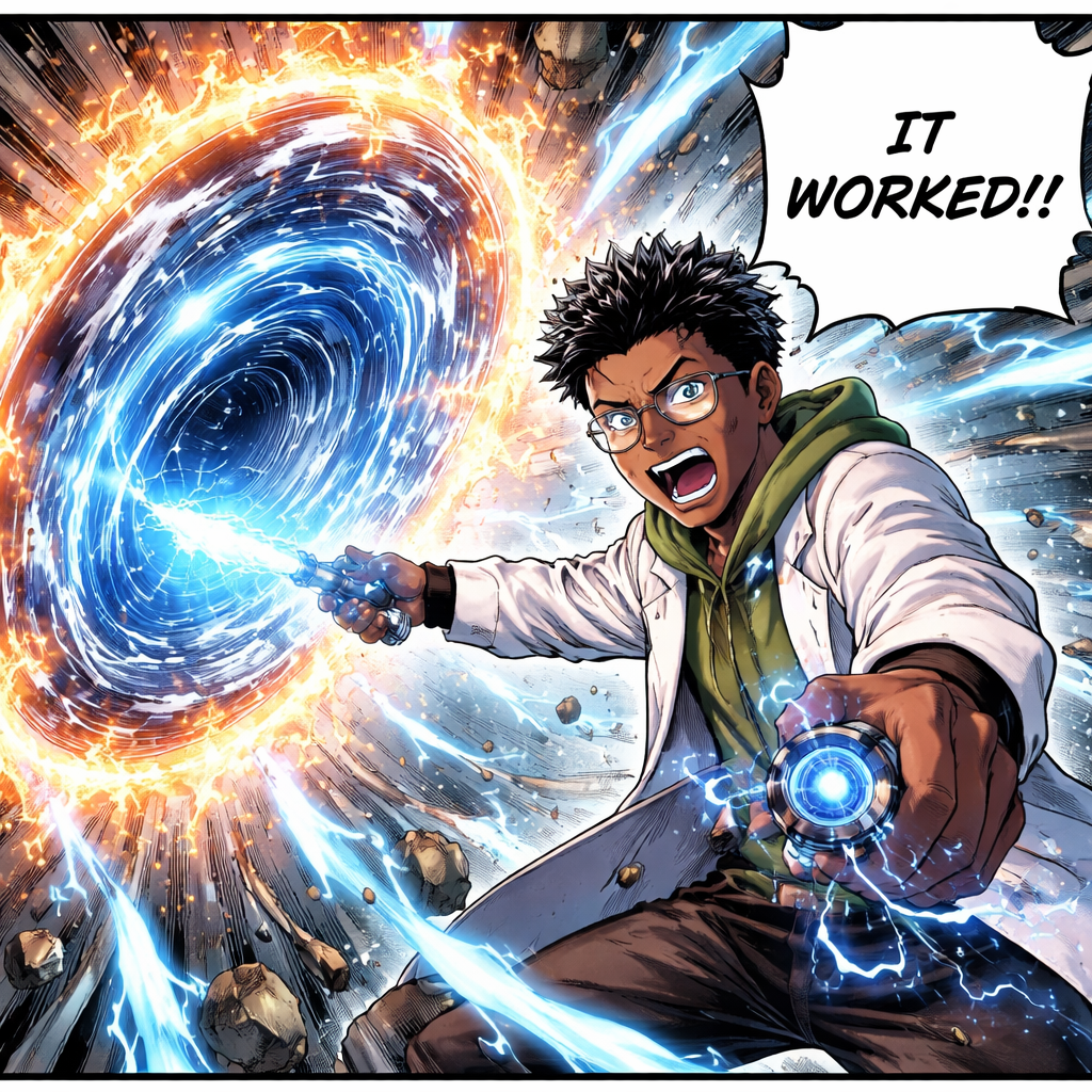 A young black science student creates a frequency tool and opens portals to travel time and space