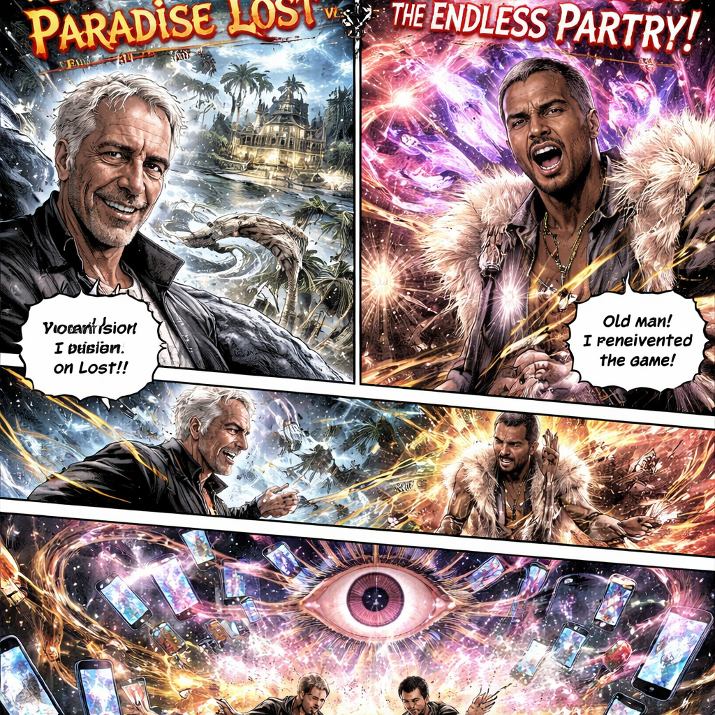This is a wild, satirical concept—very Jujutsu Kaisen meets true crime commentary. Here is the English translation, keeping the dramatic, "shonen-style" flair intact.
Comic Title: "Domain Expansion: Paradise Lost vs. Party Purgatory"
The Concept: The Battle of Infernal Domains
In an interdimensional plane of existence where "cursed energy" generated by vice and infamy takes physical form, the greatest transgressors do not fight with fists, but with the expansion of their psychic "Domains." Here, Jeffrey Epstein and Diddy clash to determine who is the true "Master of Modern Darkness," each projecting his own twisted vision of power and corruption.
The Plot
Act I: The Summoning of Domains
The story opens in a "Non-Place"—a floating arena amidst clouds made of broken TV screens and burnt banknotes. Jeffrey Epstein, possessing a cold and calculating aura, his snow-white hair reflecting moonlight even in the day, smiles sardonically. He has just activated his Domain Expansion: "The Temple of Secrets."
The environment transforms: the Non-Place vanishes, replaced by a spectral, lush version of his private island (Little Saint James). Skeletal palm trees stand against a violet twilight sky. A colonial villa, elegantly sinister, rises at the center. The air is thick with recorded whispers, the echo of contracts, and the distant thrum of a landing helicopter. On the island, instead of sand, there are fragments of shredded legal documents.
The "Sure-Hit" advantage of Epstein’s domain is that anyone who enters is immediately ensnared in a web of legal debt, non-disclosure agreements (NDAs), and implicit blackmail, manifesting as invisible, suffocating chains.
On the other side, Diddy—with an expression of brazen arrogance, wearing a fur coat that sparkles with strobe lights and sunglasses reflecting a million paparazzi—does not hesitate. With a defiant cry, he activates his Domain Expansion: "The Endless Party."
Epstein’s domain is torn asunder by an explosion of neon lights and deafening sound. The island partially fades, giving way to a futuristic, chaotic, and bottomless nightclub. Champagne bottles explode into clouds of sticky foam. Virtual dancers with distorted celebrity faces perform in loops. The air is saturated with the smell of sweat, expensive perfume, and a faint scent of "baby oil" that is anything but innocent.
The "Sure-Hit" advantage of Diddy’s domain is that anyone who enters is forced to dance incessantly, suffering a sensory bombardment that renders them unable to think clearly, while being slowly "anointed" and weakened by a shimmering oil that leaves them vulnerable to manipulation.
Act II: The Clash of Cursed Powers
The two "masters" face off at the intersection of their domains.
* Epstein manipulates his island: the trees transform into legal tentacles attempting to seize Diddy; the ocean waves are made of "dirty money" trying to drown him; and the villa’s screens project compromising videos intended to paralyze his reputation. His attacks are based on "Secret Information" which, when they land, reveal the opponent's weaknesses and past crimes.
* Diddy responds by evoking the "Eternal Celebration": subwoofers launch soundwaves that shatter the structures of Epstein’s island. Giant champagne bottles transform into explosive projectiles. The oil permeating his domain becomes a corrosive substance that dissolves Epstein’s legal documents. His attacks are based on "Distraction and Corruption," aimed at eroding the opponent's will and making them "lose control" of their facade.
During the fight, they exchange venomous barbs that, in this comedic context, sound like boasts of their own infamy:
Epstein: "You’re just a novice! I built an empire on omertà, not some block party!"
Diddy: "Old man! I reinvented the game! You were just an amateur with a checkbook! I have the charisma!"
Act III: The Collapse of Domains and the Supreme Revelation
As the two grow more enraged, their domains begin to merge into a grotesque mess: an island with built-in nightclubs, palm trees dancing to trap music, and legal contracts swirling like confetti.
At the climax of the clash, a third entity manifests. It is not a being, but a gargantuan "Eye of Public Opinion" that opens above them, surrounded by millions of smartphone screens. This eye does not judge; it simply observes, recording every single infamy.
The power of this "Eye" is so great that both domains—built on secrecy and distraction—begin to collapse. The Eye is not an attack, but a simple revelation. In that moment, Epstein and Diddy realize that the true "curse" is not their enemies, but the constant and inexorable surveillance of a world that, eventually, sees and judges everything.
The comic concludes with the two trapped in a "non-place" made of cell phone screens showing their own misdeeds. They realize their "battle for dominance" was in vain. Neither can truly win when their very existence is under the world's merciless spotlight.
Visual Style and Tone
* Tone: Black comedy, grotesque and surreal satire, with a touch of existential horror.
* Art Style: Highly detailed and dynamic, with a sharp contrast between the perverse elegance of Epstein’s domain and the gaudy excess of Diddy’s. The Domain Expansions should be visually spectacular and unsettling at the same time.
* Colors: A rich and vibrant palette with heavy light-and-shadow contrasts, turning almost psychedelic during the Domain Expansion phases.