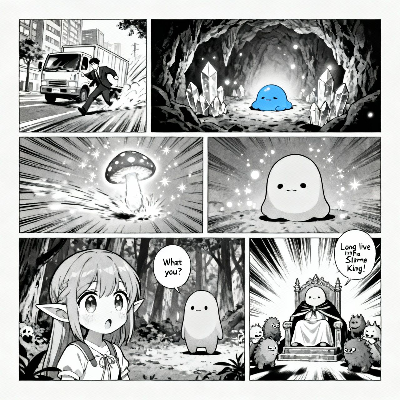 Panel 1:
Office worker getting hit by a truck on a city street
Panel 2:
Small blue slime blob waking up in a fantasy forest cave with glowing crystals
Panel 3:
The slime bouncing and absorbing a glowing mushroom, sparkles appearing
Panel 4:
The slime transforming into a humanoid slime form with a simple face
Panel 5:
The slime meeting a cute elf girl who looks surprised in the forest
Panel 6:
The slime now wearing a cape sitting on a throne with monster friends bowing