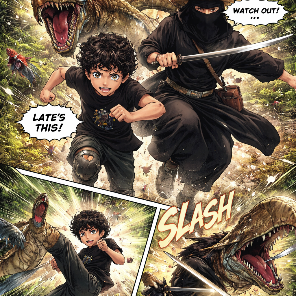 أبغى مانجا مغامرات وأكشن بشخصيتين فقط.
راح أرسل صورة الشخصيات، التزموا بها بدون تغيير.
الستايل شبه واقعي، مليان تفاصيل، ألوان قوية وإضاءة درامية، نفس الستايل في الصورة المرجعية بدون اختلاف بين الصفحات.
القصة تعتمد على الجري، المطاردات، والمعارك مع الديناصورات.
العوالم خضراء ومليانة أشجار، وكل صفحة يكون فيها حدث واضح ومشوق