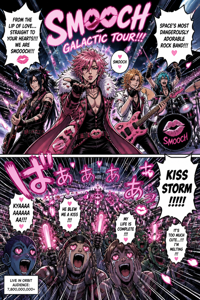 Smooch like kiss rock group comedy. Played in space before millions of fans
