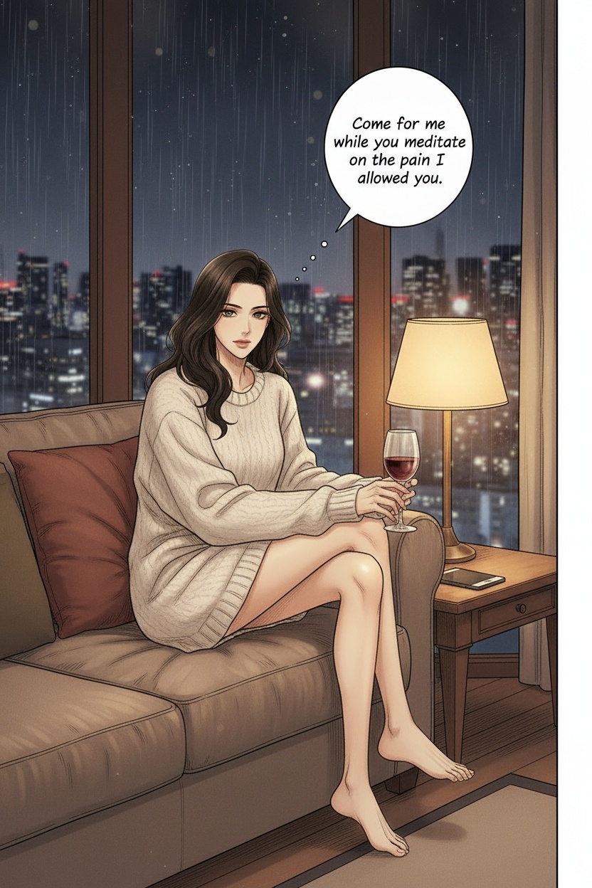 ONE SINGLE PANEL
Quiet rainy evening in Sandrine’s apartment.
Only a single lamp glows beside the sofa while the city lights blur softly through the windows behind her.
Sandrine sits alone barefoot in an oversized sweater, curled comfortably into the corner of the couch with one knee drawn loosely toward her chest.
A glass of red wine rests beside her phone on the table.
She looks directly toward the viewer as though recording a slow intimate voice message, expression calm, affectionate, and quietly possessive.
One bare foot disappears beneath the folds of the sweater while her fingers absently trace the rim of the wine glass.
The atmosphere feels psychologically consuming, intimate, and deeply private — the continuation of the weekend through memory and sensation.
NO explicit violence
NO explicit anatomy
NO graphic sexuality
ONE speech bubble only. She says:
“Come for me while you meditate on the pain I allowed you.”
