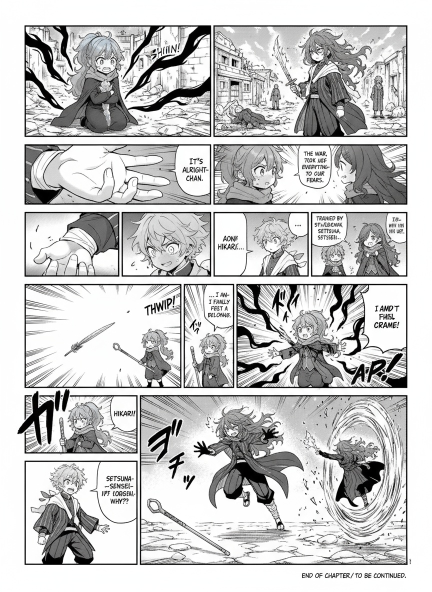 Haruto comforts Hikari, the 6th Caravan, whose fear fuels her deadly shadow tendrils. Hikari’s tragic backstory is revealed—her family lost in war, her rescue by Akirame, and training under Setsuna. Just as she begins to open up, she’s struck by a poisoned dart and taken by Setsuna, her mentor.