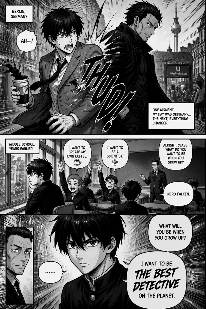 A boy with black hair and a gray suit in his 30s walking in the city of Berlin when accidentally collides with a man dressed all in classic black clothing around 40 years old and then show a kid with black hair in his class in middle school looking at the window and the teacher says what you want to be when you grow up one boy says i want to create my own coffee one says i want to be a scientist and the teacher looks at the kid with the black hair the main character and says Nero Falken the main character gets up and the teacher asks what will you be when you grow up? main chracter is silent for a second and says i want to be the best detective on the planet