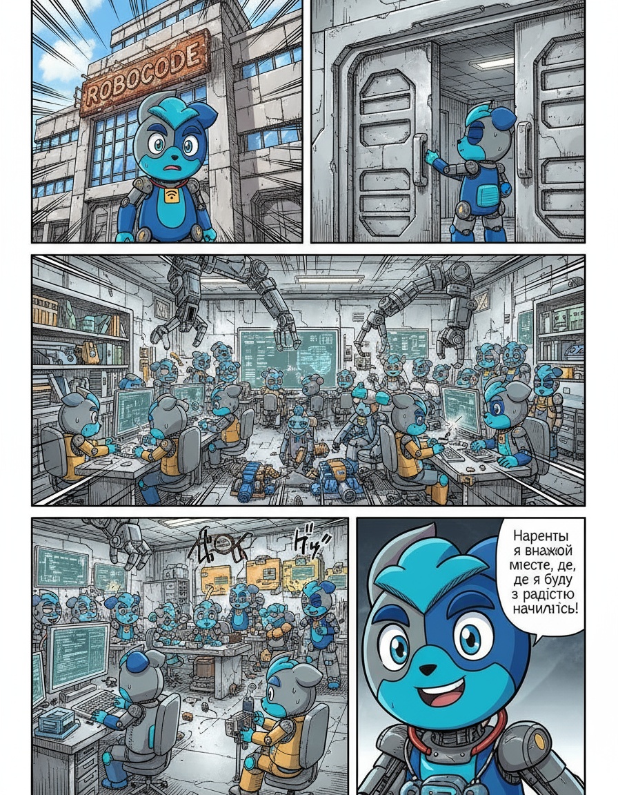 Персонаж з картинки підходить до будинку з написом robocode. Він трішки хвилюється, але потрапляючи в середину школи, бачить багато дітей, які радісні,  програмують, паяють та роблять експерименти. Персонаж посміхається і говорить: "Нарешті я знайшов місце, де я буду з радістю навчатись!"
