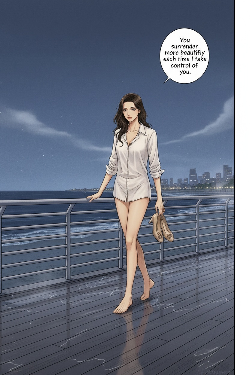 ONE SINGLE PANEL
Quiet rainy evening office after everyone else has left.
Only her desk lamp remains on, casting warm light across papers, dark computer screens, and glass walls.
Sandrine walks slowly along a quiet beachwalk at dusk, barefoot with her heels dangling from one hand, her white blouse sleeves rolled upward as ocean mist drifts around her.
She pauses beside the railing, gazing out at the dark water with calm fascination and faint private amusement while reflecting on the nature of submission.
Her posture remains perfectly professional, yet her expression reveals complete awareness of the psychological effect she has cultivated over time.
The atmosphere feels intelligent, intimate, and psychologically overwhelming through restraint alone.
NO explicit violence
NO explicit anatomy
NO graphic sexuality
ONE speech bubble only. She says:
“You surrender more beautifully each time I take control of you.”