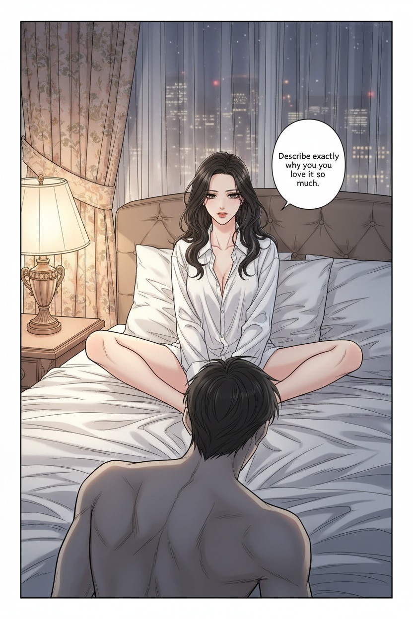 ONE SINGLE PANEL
Quiet late-night hotel bedroom.
Soft amber bedside lamp casting warm light across rumpled white sheets while the city glows faintly beyond the curtains.
Sandrine reclines comfortably against the headboard, oversized white shirt loosely draped around her body, dark hair slightly tousled from intimacy.
Her legs are spread, posed with complete calm confidence rather than explicitness.
She looks directly toward the viewer with steady, attentive eyes — affectionate, curious, quietly aware of the effect she is having.
A man sits lower on the bed partly out of frame, posture tense and emotionally absorbed, clearly unable to look away from her.
The atmosphere feels intimate, psychologically intense, and deeply private.
NO explicit anatomy
NO explicit sexual acts
NO nudity beyond tasteful implication
ONE speech bubble only. She says:
“Describe exactly why you love it so much.”