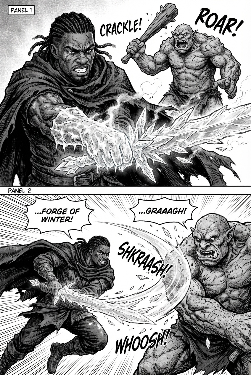 Black male using ice magic to form a sword to fight a troll