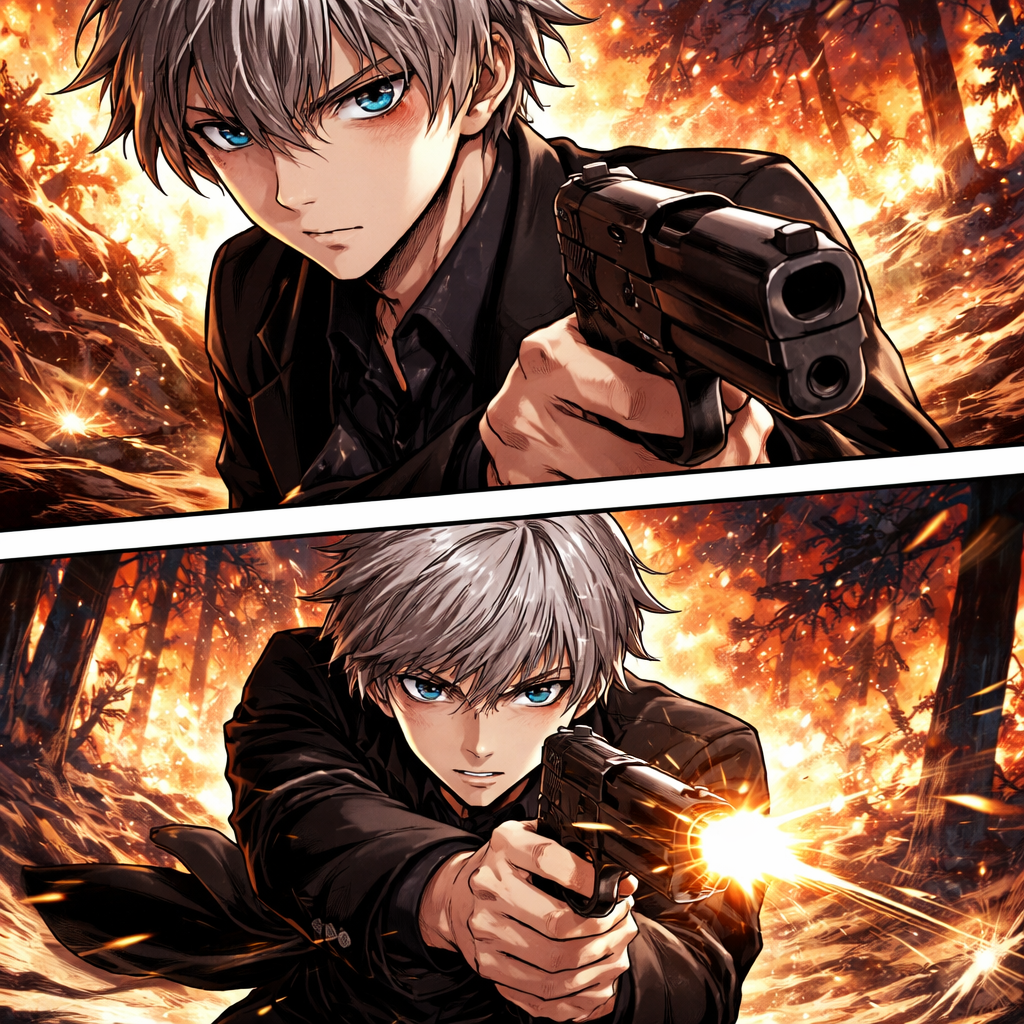 A young man with grey hair and blue-yellow iris eyes. He is wearing a black suit holding a gun and in the background the whole forest on fire. He is looking at us through his side eyes