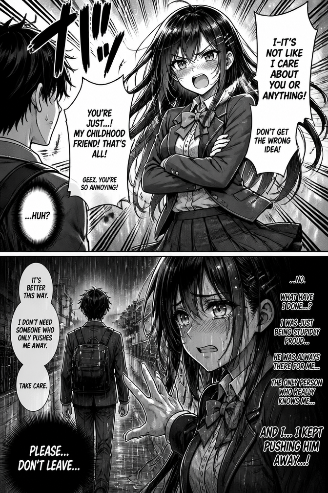 A girl is being tsundere to her only childhood friend. Then she regreted when he cut ties with her because personality.