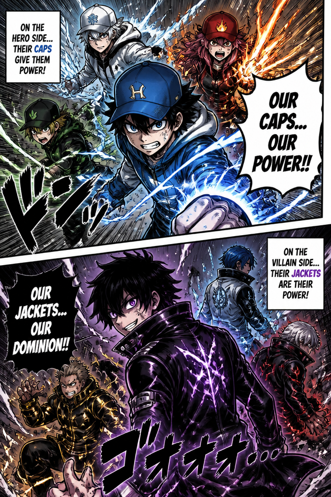 Aa hero side characters all waring caps because in caps have powers but villain side characters are waring jackets the have powers in jackets