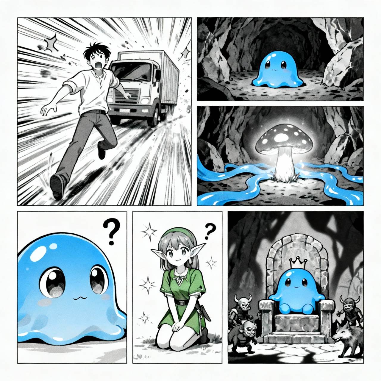 Panel 1:
Man hit by truck
Panel 2:
Blue slime in cave
Panel 3:
Slime eating mushroom
Panel 4:
Slime with eyes and mouth
Panel 5:
Slime meets elf girl
Panel 6:
Slime on throne with monsters