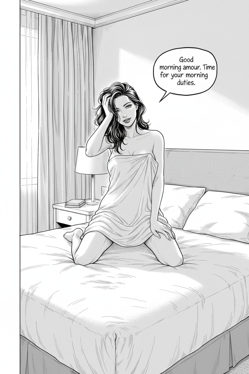ONE SINGLE PANEL
Soft grey morning light fills a quiet hotel bedroom.
The sheets are tangled from the night before, the room still carrying the warmth and intimacy of sleep.
Sandrine kneels near the center of the bed facing the viewer, obviously naked beneath the loose white sheets gathered softly around her hips.
Her dark hair is messy from sleep, one hand pushing it back absentmindedly while the other rests against the mattress for balance.
One bare leg folds beneath her while the other stretches lazily toward the foreground, her bare foot brushing lightly against the sheets.
She looks directly toward the viewer with sleepy authority, affectionate amusement, and unmistakable expectation.
The atmosphere feels deeply intimate, domestic, playful, and emotionally close rather than explicit.
NO explicit anatomy
NO explicit sexual acts
NO graphic nudity
ONE speech bubble only. She says:
“Good morning amour. Time for your morning duties.”