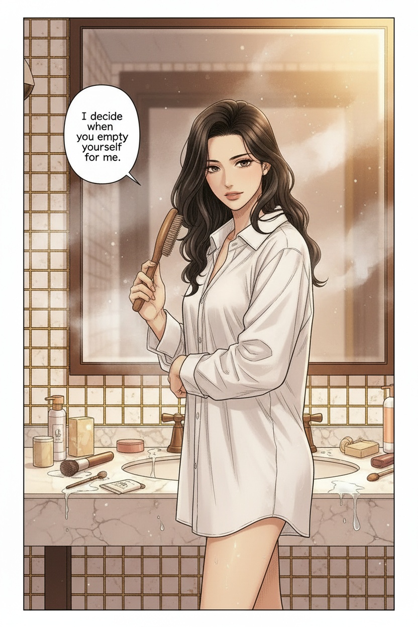 ONE SINGLE PANEL
Quiet hotel bathroom after midnight.
Steam still lingers softly across the mirror after a shower.
Sandrine stands alone barefoot at the sink in an oversized white shirt brushing her damp hair slowly while looking toward the viewer through the reflection.
Warm amber light glows softly across wet tiles and scattered cosmetics.
Her expression is calm, affectionate, and quietly possessive — fully aware of how deeply he associates release itself with her now.
The atmosphere feels intimate, psychologically consuming, and deeply private.
NO explicit violence
NO explicit anatomy
NO graphic sexuality
ONE speech bubble only. She says:
“I decide when you empty yourself for me.”