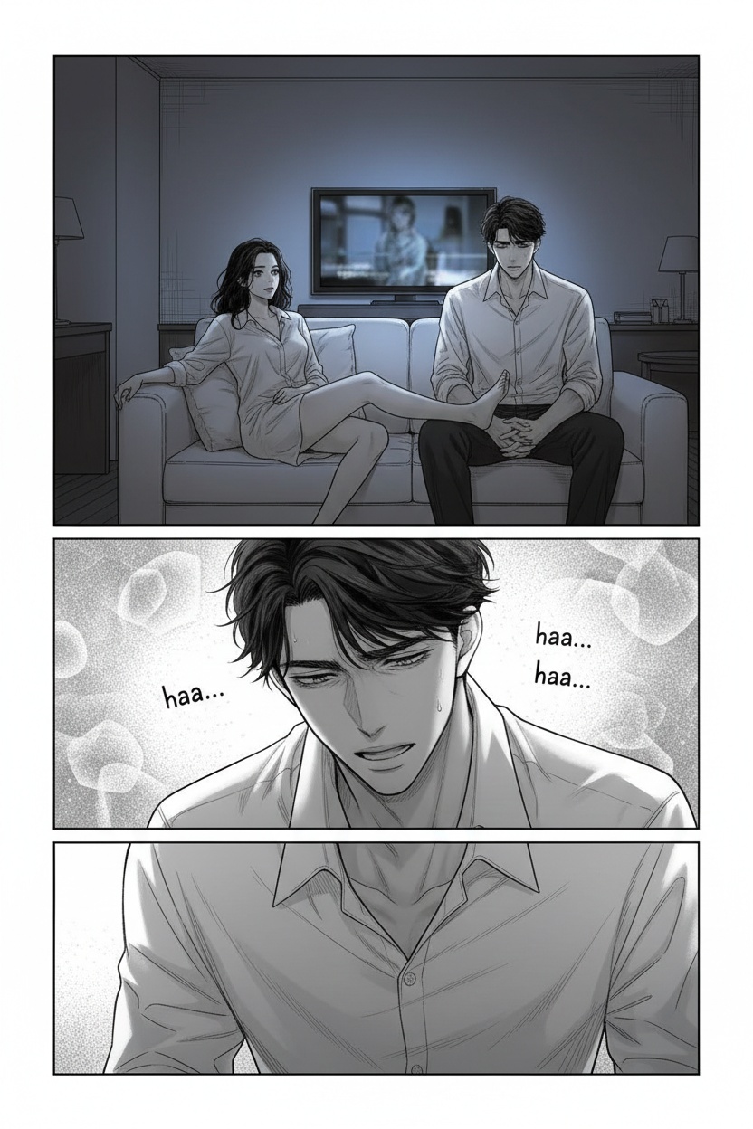 ONE SINGLE PANEL
Late-night hotel sofa.
Only the television illuminates the room softly with flickering blue light.
Sandrine lies stretched comfortably across the sofa in an oversized white shirt, watching a film with complete calm.
One bare foot rests lightly in the lap of a man sitting beside her, fully clothed and visibly trying to remain composed.
Without even looking away from the television, she slowly curls her toes slightly against him.
The man’s breathing and posture immediately change.
Sandrine notices the reaction from the corner of her eye with the faintest private smile.
The atmosphere feels domestic, intimate, teasing, and emotionally suspended.