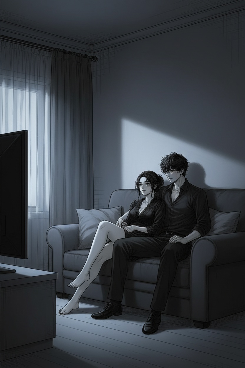 seinen manga style, black and white, soft grayscale shading, cinematic lighting
ONE SINGLE PANEL ONLY
quiet evening living room, television glow illuminating the room softly
a woman sitting relaxed on a sofa, completely covered by strategic positioning and shadows, implied nudity only, elegant and tasteful composition
she is leaning back against a clothed man sitting beside or slightly behind her
the man remains fully dressed in dark trousers and an open shirt, calm and composed posture
his arm rests naturally around her waist, one hand disappearing subtly between their bodies, action only implied
the woman’s expression relaxed, absorbed, slightly flushed, eyes half focused on the television screen
strong emphasis on intimacy, trust, and quiet tension rather than explicit sexuality
focus on contrast between her vulnerability and his composed control
soft shadows, tasteful framing, no explicit anatomy, no explicit sexual act shown
cinematic composition, emotional realism, psychological intimacy