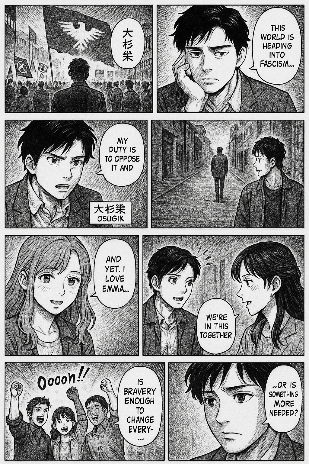 A young man just out of high school (Ousugi Sakae) grapples with a world falling into fascism, the loneliness of adulthood, and his sense of obligation to oppose fascism and bring about an especifist anarchist revolution to save everyone. Additionally, he is in love with his kouhai (Emma) who is also dedicated to the cause. They can't really be together because that would complicate an already dangerous life. Or could they? What kind of life and love is there in a world being corrupted by hatred? Is bravery and comradery enough to turn the tide and win the revolution? Or is something more needed? There should be a sense of nostalgia for a world that never existed, and a longing for a future world yet to be. He should be feel a sense of solidarity with his friends and Emma but also isolation and loneliness because the world is so unpredictable. This manga should be an intro duction to the characters and the world.