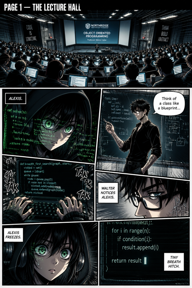 PAGE 1 — “THE LECTURE HALL”
Mood:
Overstimulated. Claustrophobic. Controlled panic.
Panels:
Wide establishing shot
Massive university lecture hall. Rows of glowing laptops. Cold fluorescent lighting. Students everywhere.
Close-up: Alexis
Hood up. Headphones on. Green code reflecting in her eyes.
Hands on keyboard
Frenetic typing. Python code streaming.
Walter teaching at front
Lean frame. Rolled sleeves. Circuit tattoos visible.
Dialogue:
“Think of a class like a blueprint…”
Walter notices Alexis
Small panel. Their eyes lock.
Alexis freezes
Tiny breath hitch. Cursor blinking.
