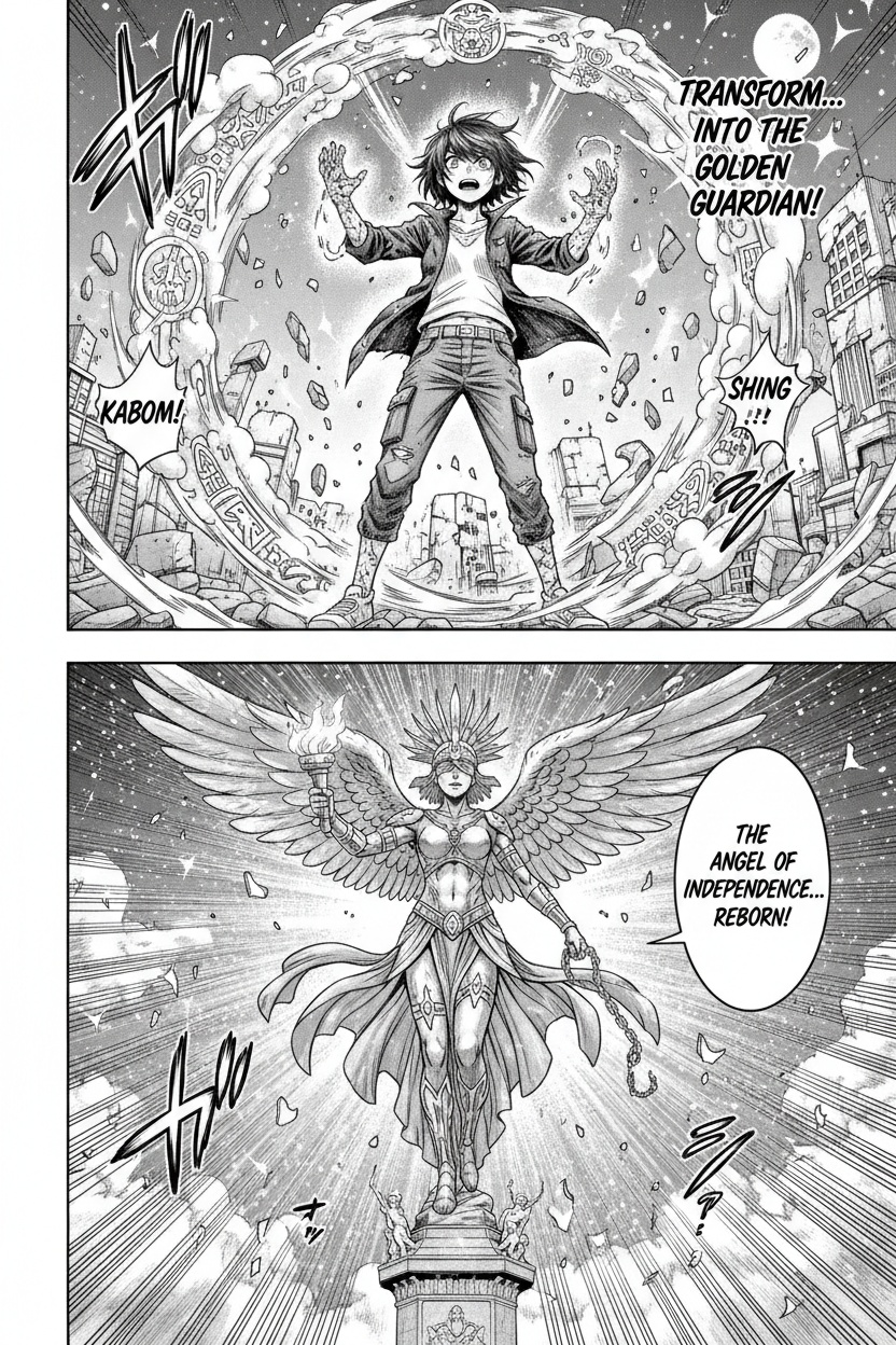 A girl with dark brown short hair with a fringe almost covering her right eye gets turned into the Angel of Independence. She's golden and seminude after her petrification.