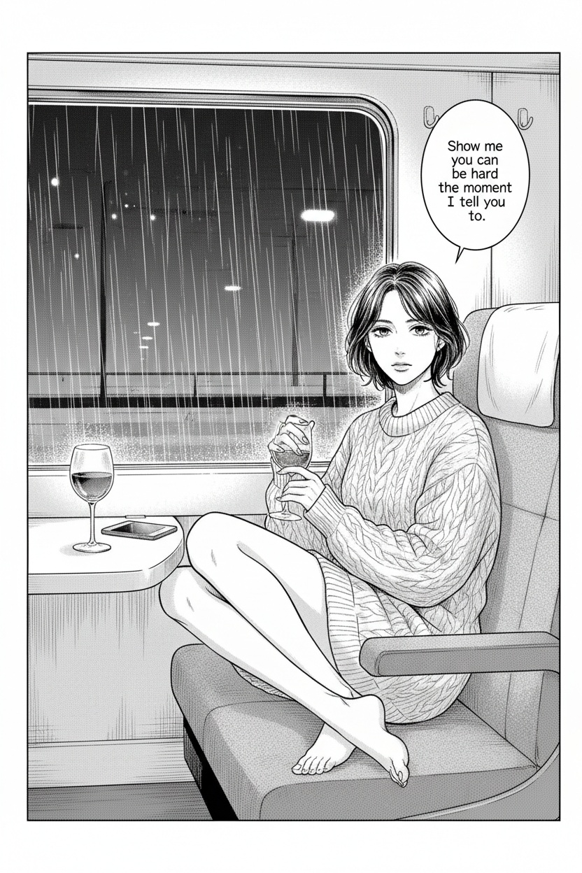 ONE SINGLE PANEL
Quiet late-night train compartment returning home after the weekend.
Rain streaks softly across the dark window while distant station lights drift past in blurred reflections.
Sandrine sits alone curled comfortably into the corner of the seat barefoot in an oversized cashmere sweater, her short dark bob slightly tousled from travel.
A half-finished glass of red wine rests beside her phone on the small table.
She looks directly toward the viewer as though recording a slow intimate voice message, expression calm, intelligent, and quietly possessive.
One bare foot disappears beneath the folds of the sweater while her fingers trace slowly along the rim of the wine glass.
The atmosphere feels emotionally suspended between distance, conditioning, longing, and continued control.
NO explicit anatomy
NO explicit sexuality
NO graphic nudity
ONE speech bubble only. She says:
“Show me you can be hard the moment I tell you to.”